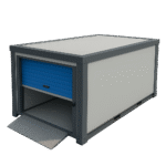 A 3D render of a Strongholds storage unit with a blue roller door and metal ramp and modular build.