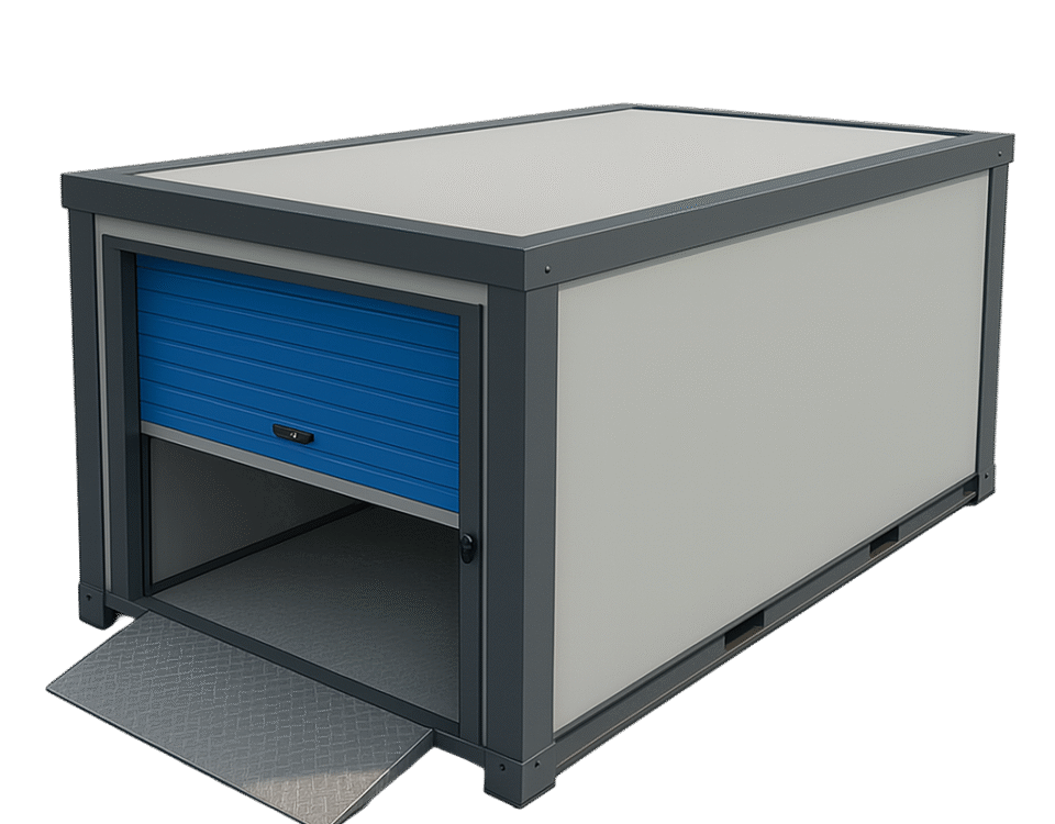 A 3D render of one of Strongholds modular self-storage units with a blue roller door and metal ramp