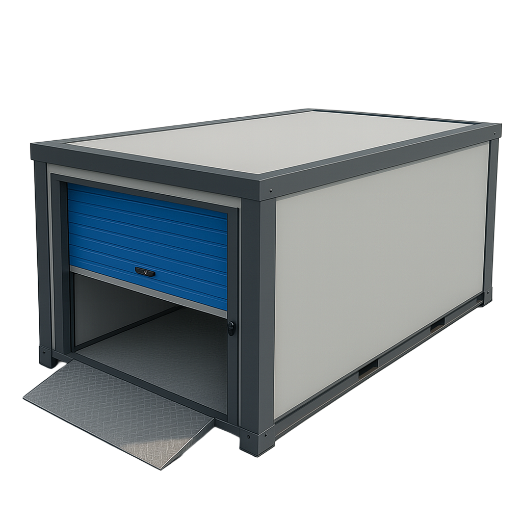 A 3D render of one of Strongholds modular self-storage units with a blue roller door and metal ramp