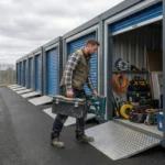 Construction storage unit with drive up access, showing a tradesperson unloading tools from a vehicle into a Strongholds storage unit.