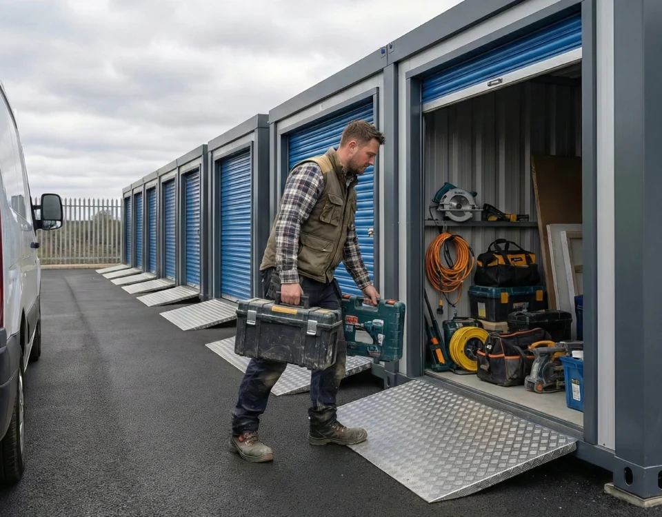 Construction storage unit with drive up access, showing a tradesperson unloading tools from a vehicle into a Strongholds storage unit.