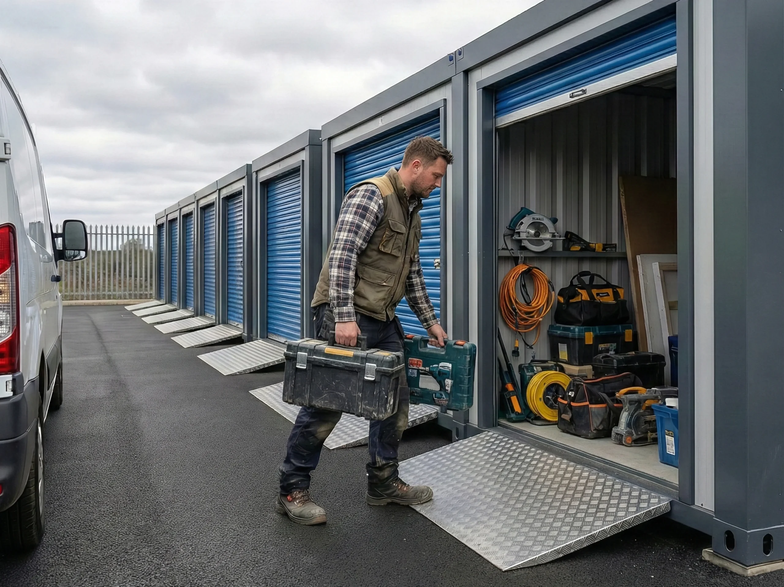 Construction storage unit with drive up access, showing a tradesperson unloading tools from a vehicle into a Strongholds storage unit.