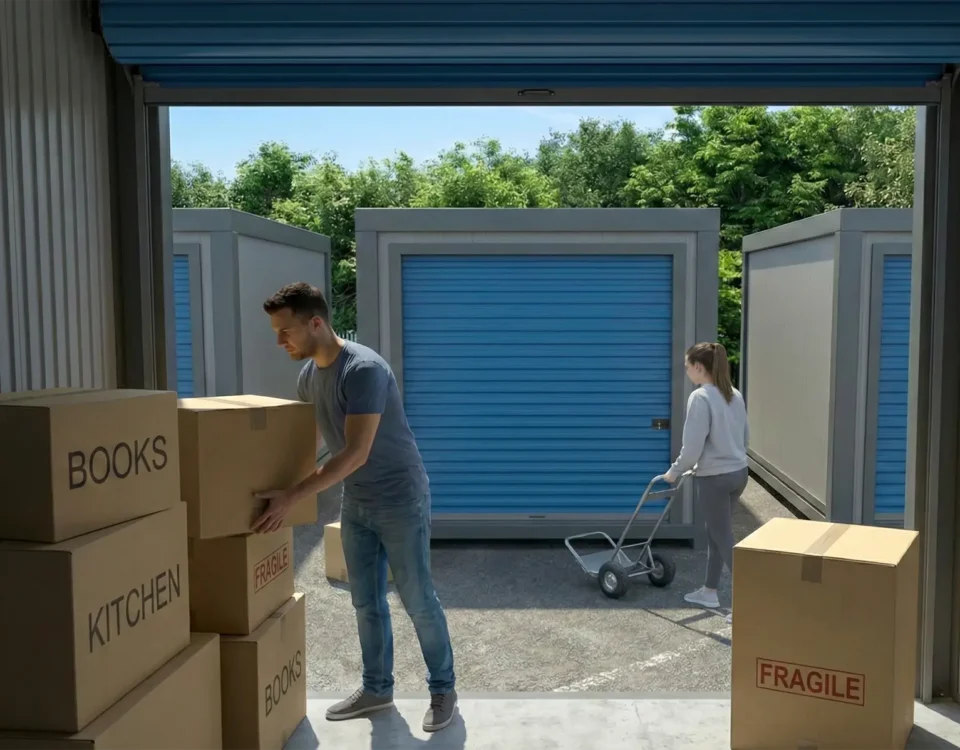 People unloading labelled boxes into Strongholds storage units, showing how to pack a storage unit using drive up self storage