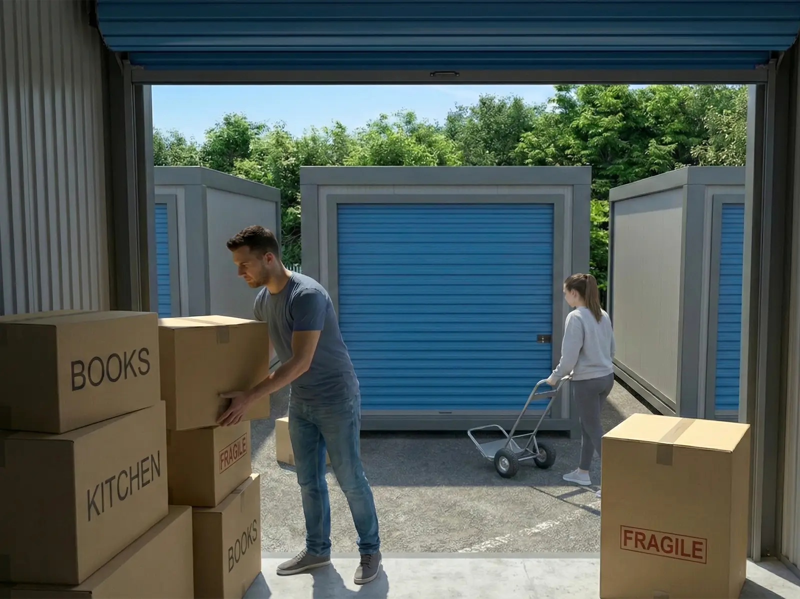 People unloading labelled boxes into Strongholds storage units, showing how to pack a storage unit using drive up self storage