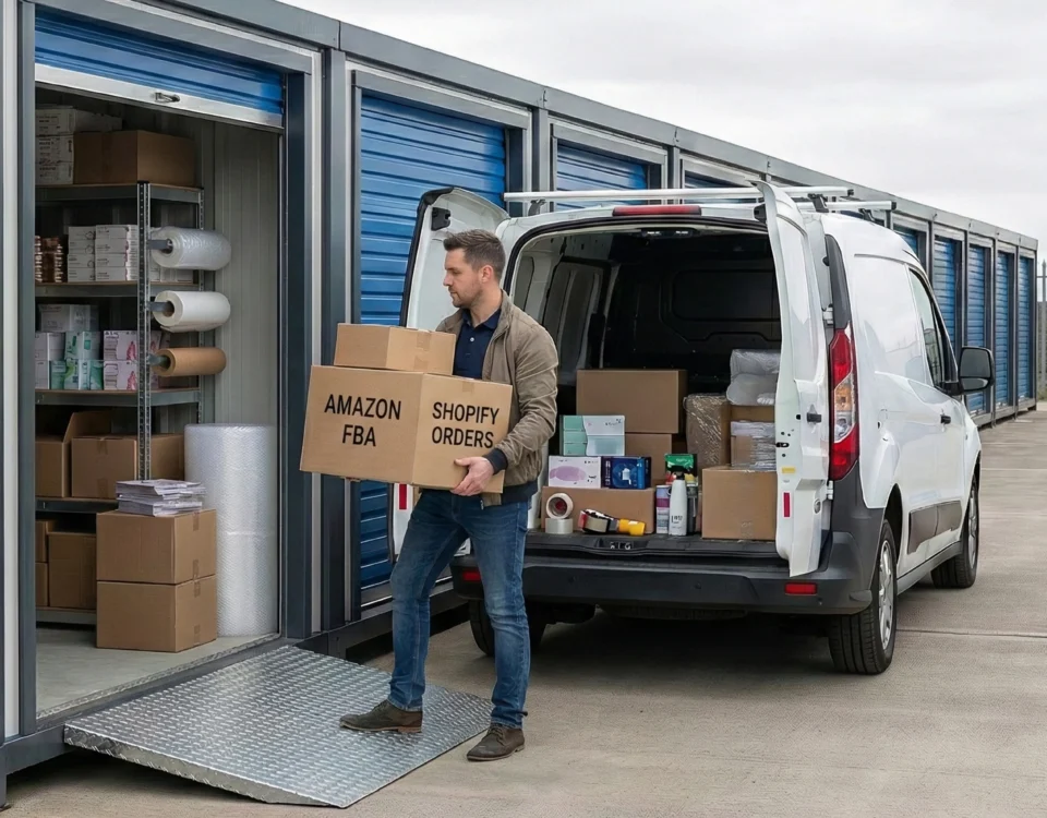 Man unloading boxed online retail stock from a van into a drive up self storage unit, illustrating ecommerce storage for fulfilment and inventory handling.
