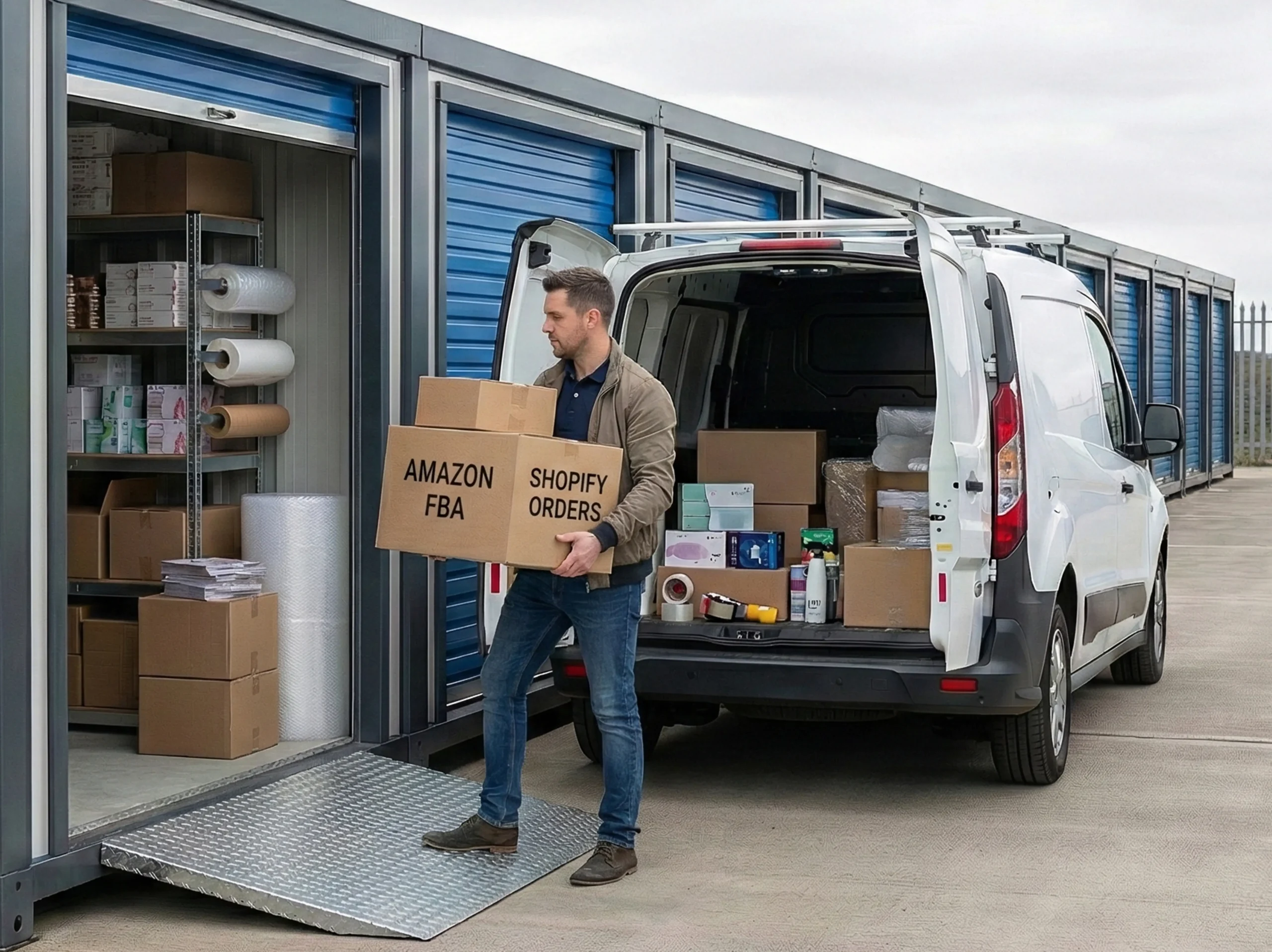 Man unloading boxed online retail stock from a van into a drive up self storage unit, illustrating ecommerce storage for fulfilment and inventory handling.