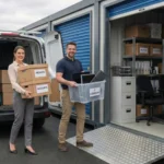 Flexible business storage supporting company growth, with business owners unloading archived records and IT equipment into a modern drive up self storage unit.