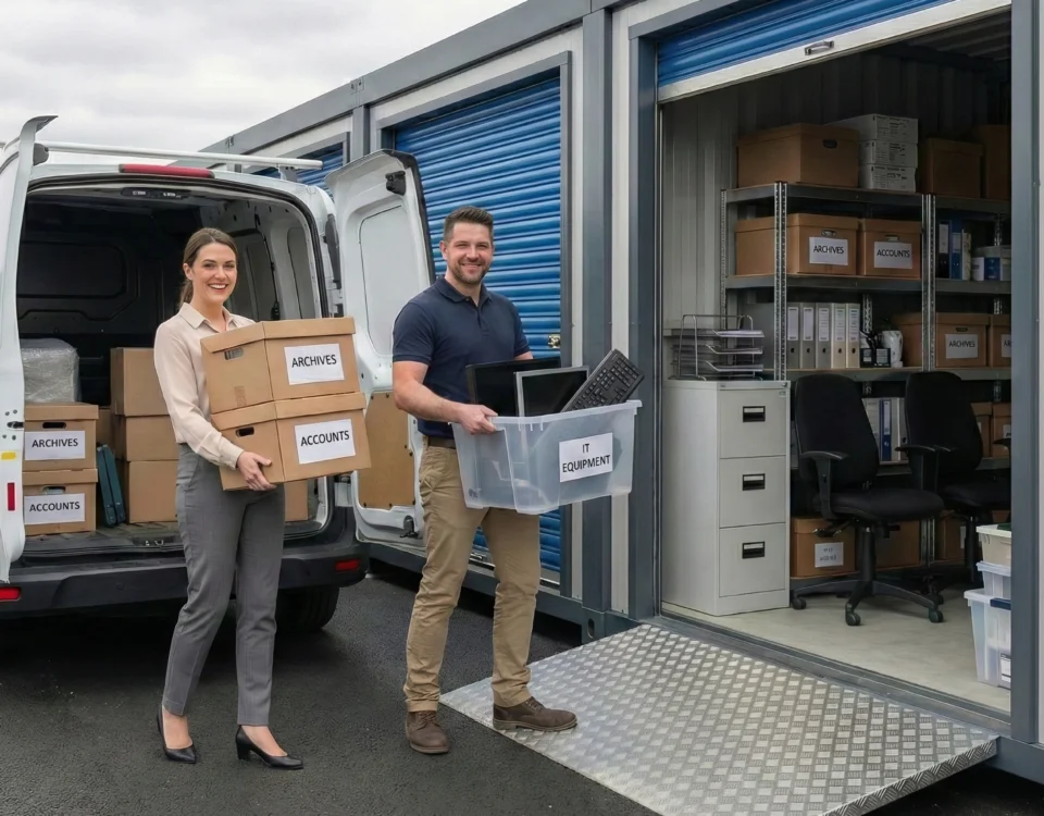 Flexible business storage supporting company growth, with business owners unloading archived records and IT equipment into a modern drive up self storage unit.