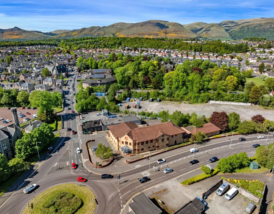 An aerial photo of Locked Self Storage Alloa facility in Clackmannanshire, Scotland