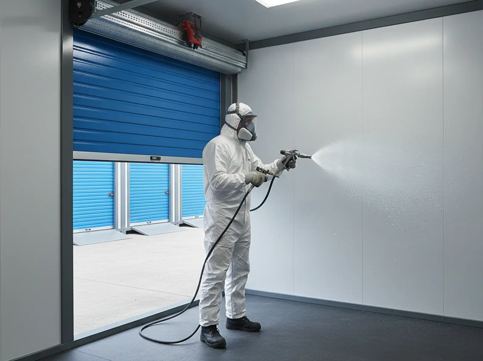 Worker spraying aerogel self storage insulation inside a Strongholds storage unit, wearing full PPE with the blue internal shutter visible.