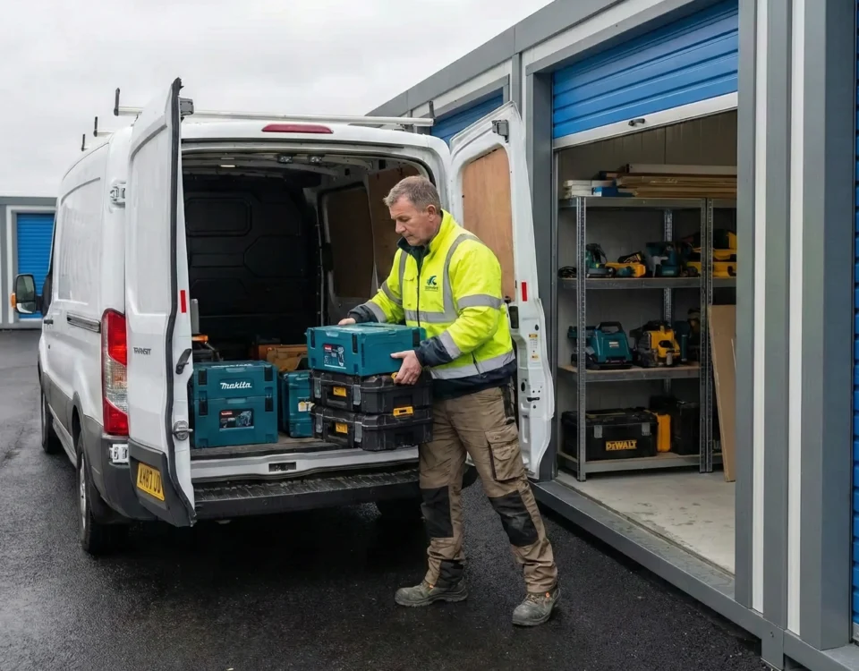 Modular drive up self storage units arranged in a flexible site layout