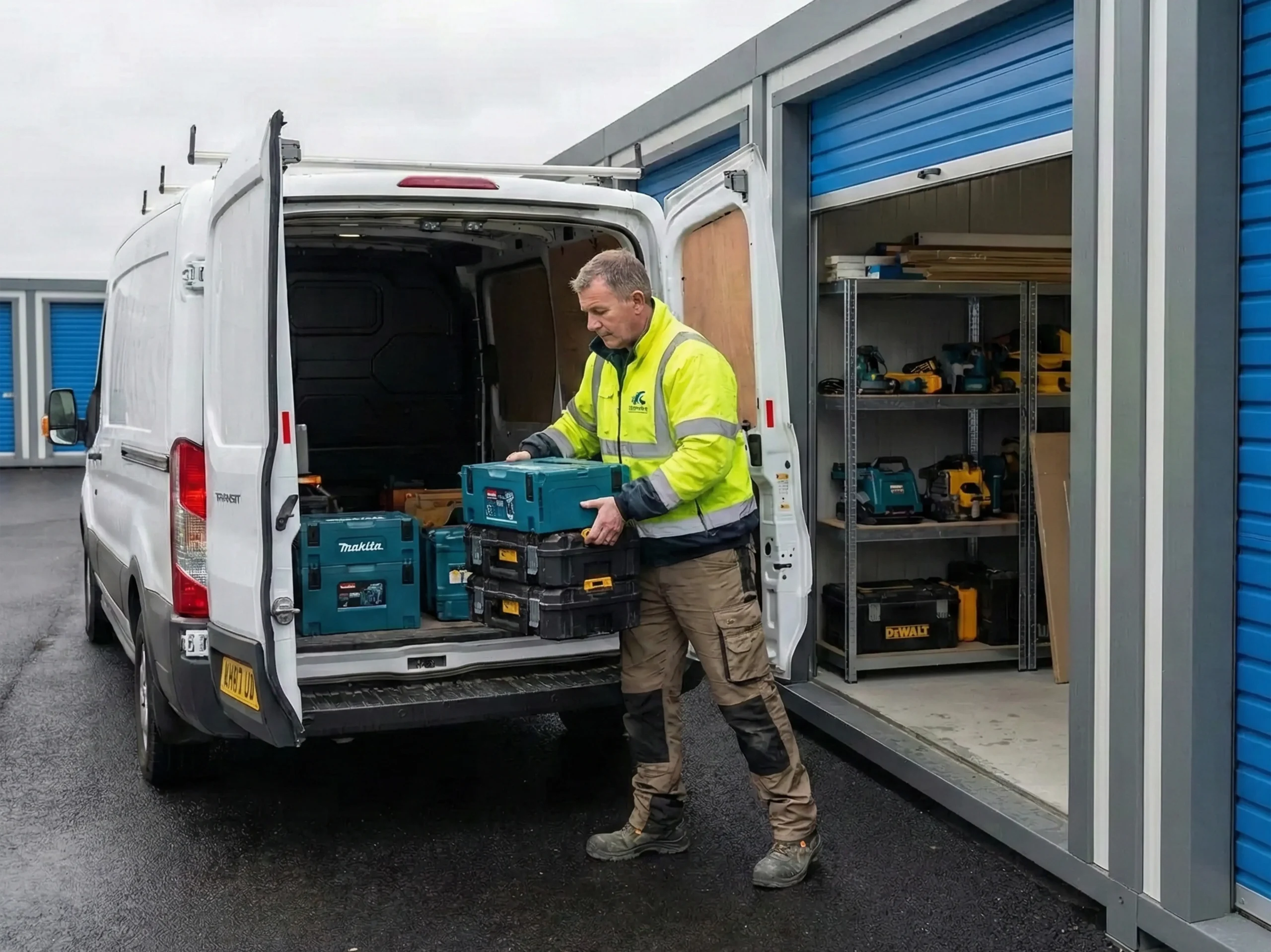 Modular drive up self storage units arranged in a flexible site layout