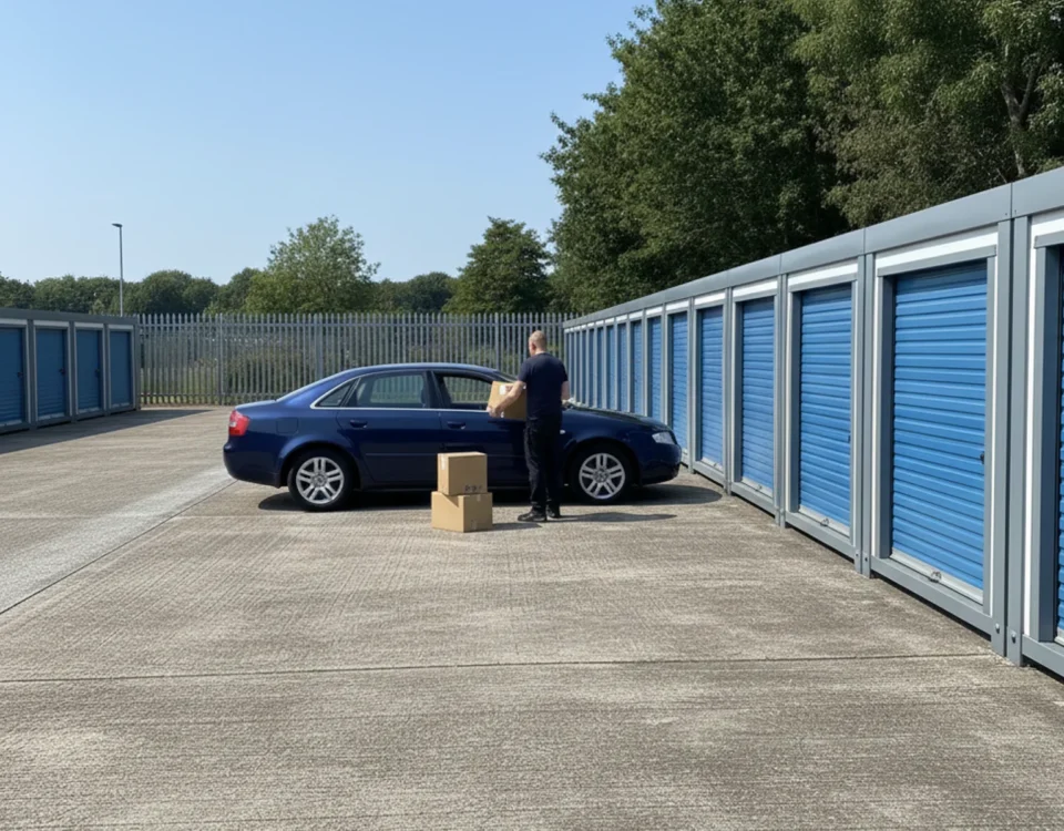 Modular storage units in a concrete car park with a person unloading boxes from a car.