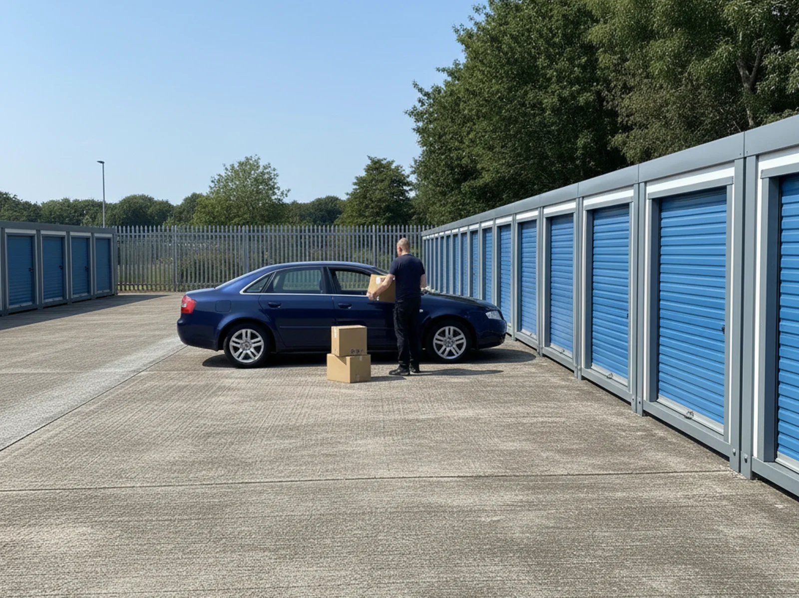 Modular storage units in a concrete car park with a person unloading boxes from a car.