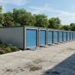 Self Storage Design showing drive up storage units in an urban and civic environment, with clear vehicle access, consistent layout, and a permanent, building-like appearance.