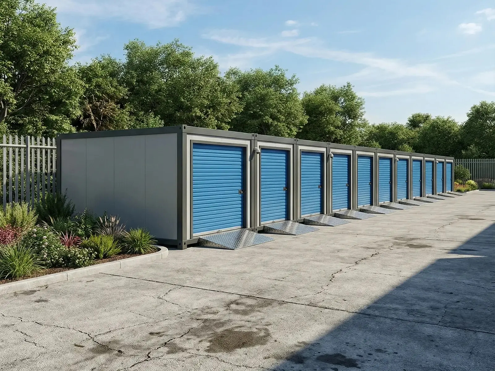 Self Storage Design showing drive up storage units in an urban and civic environment, with clear vehicle access, consistent layout, and a permanent, building-like appearance.