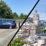Split image showing Strongholds self-storage units in use alongside the Edinburgh skyline, illustrating self storage in Scottish cities and modern urban living.