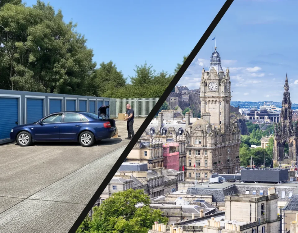 Split image showing Strongholds self-storage units in use alongside the Edinburgh skyline, illustrating self storage in Scottish cities and modern urban living.