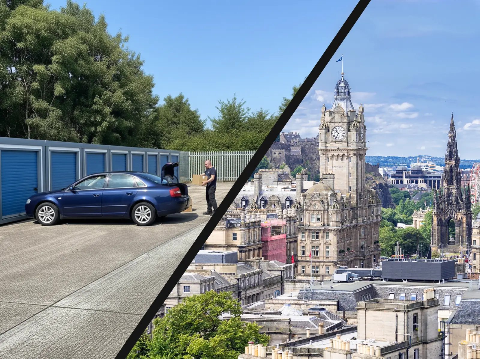 Split image showing Strongholds self-storage units in use alongside the Edinburgh skyline, illustrating self storage in Scottish cities and modern urban living.