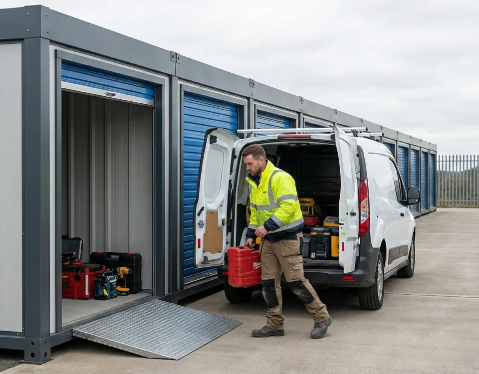 Tradesman unloading tools from a van into Strongholds tradesmen storage with drive up access